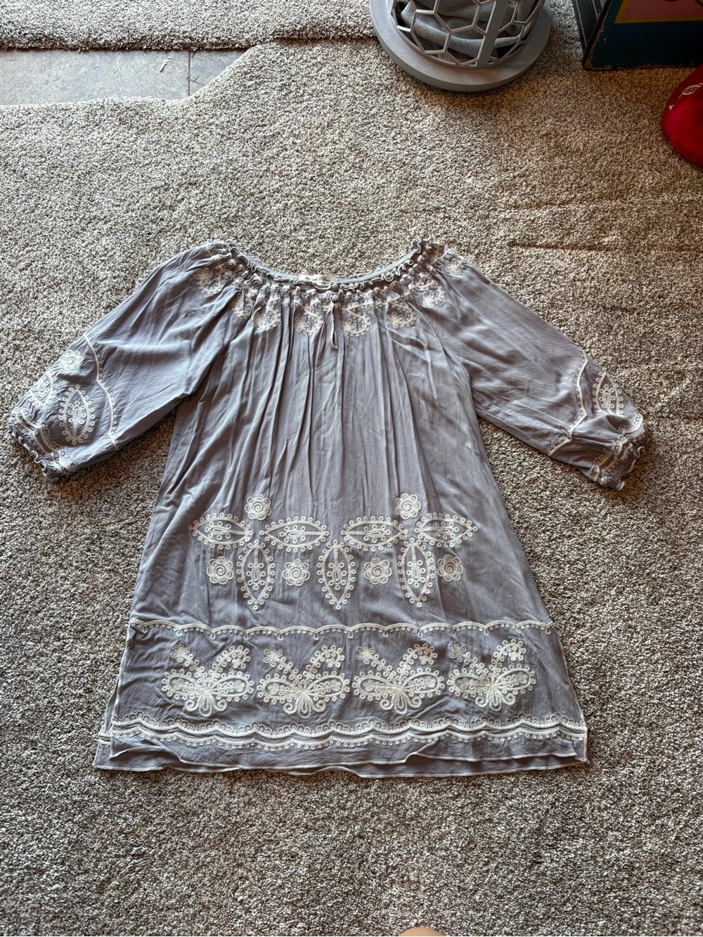 Blue Tassel Embroidered Off-Shoulder Top in Dusty Lavender